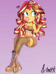 Size: 1536x2048 | Tagged: safe, artist:artmlpk, sunset shimmer, equestria girls, g4, alternate hairstyle, boots, bubblegum, clothes, cute, design, female, fishnet stockings, food, glasses, gum, pants, shimmerbetes, shoes, socks, solo, thigh highs, thigh socks