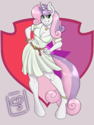 Size: 1080x1440 | Tagged: safe, artist:dimvitrarius, sweetie belle, unicorn, anthro, unguligrade anthro, g4, growing up is hard to do, anklet, bracelet, breasts, busty sweetie belle, clothes, cutie mark crusaders, dress, female, jewelry, looking at you, nail polish, necklace, older, older sweetie belle, painted nails, simple background, smiling, solo