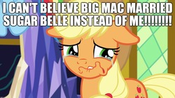 Size: 1920x1080 | Tagged: safe, edit, edited screencap, editor:useraccount, screencap, applejack, earth pony, pony, g4, the big mac question, the last problem, applecest, caption, cowboy hat, crying, crying on the outside, excessive exclamation marks, female, floppy ears, hat, image macro, implied incest, mare, op is a duck, sad, text, wavy mouth