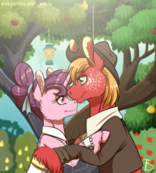 Size: 1042x1156 | Tagged: safe, artist:inuhoshi-to-darkpen, big macintosh, sugar belle, earth pony, pony, unicorn, g4, the big mac question, clothes, cute, female, fluffy, husband and wife, looking at each other, male, ship:sugarmac, shipping, smiling, straight, tree