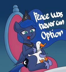 Size: 870x943 | Tagged: safe, artist:handgunboi, princess luna, alicorn, bird, goose, pony, g4, sparkle's seven, ethereal mane, female, hoof shoes, knife, luna petting goose, mare, mouth hold, peace was never an option, sitting, solo, speech, starry mane, throne, untitled goose game