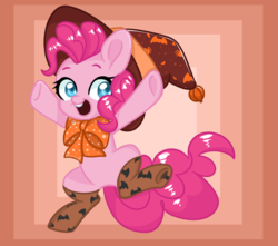 Size: 1280x1130 | Tagged: safe, artist:nemovonsilver, artist:sleepy-galaxydragon-art, pinkie pie, earth pony, pony, g4, bipedal, bow, clothes, cute, diapinkes, female, halloween, happy, hat, holiday, open mouth, socks, solo, teeth, witch hat