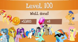 Size: 800x433 | Tagged: safe, gameloft, adagio dazzle, aria blaze, bon bon, derpy hooves, dj pon-3, doctor whooves, flash sentry, fluttershy, lyra heartstrings, octavia melody, rainbow dash, sonata dusk, sunset shimmer, sweetie drops, time turner, vinyl scratch, earth pony, pegasus, pony, unicorn, g4, 20% cooler, bedroom eyes, big no, bits, eyes closed, gem, glasses, jewelry, level up, ponified, smiling, swag, the dazzlings, uvula, vinyl's glasses, volumetric mouth, well done