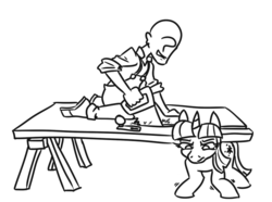 Size: 740x551 | Tagged: safe, artist:jargon scott, twilight sparkle, oc, oc:anon, human, pony, g4, a grand day out, black and white, clothes, crosscut saw, duo, grayscale, monochrome, overalls, pun, saw, sawhorse, shirt, shoes, simple background, visual pun, wallace and gromit, white background, wobbling