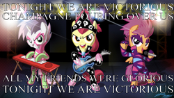 Size: 1218x689 | Tagged: safe, artist:willdrawforfood1, edit, editor:undeadponysoldier, apple bloom, scootaloo, sweetie belle, earth pony, pegasus, pony, unicorn, g4, band, clothes, cutie mark crusaders, electric guitar, electric piano, female, filly, guitar, keyboard, microphone, musical instrument, panic! at the disco, show stopper outfits, song reference, victorious, word art
