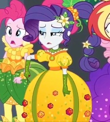 Size: 749x833 | Tagged: safe, screencap, fluttershy, pinkie pie, rarity, sunset shimmer, equestria girls, equestria girls specials, g4, my little pony equestria girls: better together, my little pony equestria girls: holidays unwrapped, o come all ye squashful, clothes, cornucopia costumes, costume, cropped, dress, female, inflatable dress, puffy sleeves