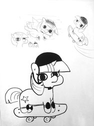 Size: 1440x1920 | Tagged: safe, artist:tjpones, twilight sparkle, pony, unicorn, g4, cool, female, helmet, knee pads, mare, monochrome, rad, skateboard, sketch, solo, traditional art, twiggie, unicorn twilight