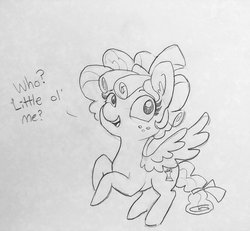 Size: 1560x1440 | Tagged: safe, artist:tjpones, cozy glow, pegasus, pony, g4, cozybetes, cute, dialogue, ear fluff, female, filly, flying, monochrome, pure concentrated unfiltered evil of the utmost potency, pure unfiltered evil, solo, traditional art