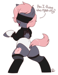 Size: 2000x2600 | Tagged: safe, artist:notenoughapples, oc, oc only, oc:vedalia rose, earth pony, pony, 2b, bipedal, blindfold, clothes, cosplay, costume, dialogue, dock, female, high res, leggings, leotard, looking back, mare, nier: automata, smiling, solo