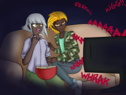 Size: 3000x2250 | Tagged: safe, artist:vnagato, lightning dust, limestone pie, human, g4, bowl, clothes, crack shipping, crying, dark skin, female, food, halloween, high res, holiday, hoodie, humanized, jeans, lesbian, limedust, open mouth, pants, popcorn, ripped jeans, scared, shipping, shirt, socks, sweat, t-shirt, teary eyes, television, torn clothes
