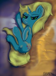 Size: 1535x2048 | Tagged: safe, artist:starfall119, oc, oc:starry shores, pony, bed, bedroom eyes, cute, female, fluffy, mare, night, squint, underhoof, wingding eyes