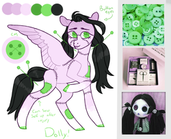 Size: 1020x828 | Tagged: safe, artist:jellybeanbullet, oc, oc only, oc:dolly (doll), doll pony, original species, pegasus, pony, button, doll, female, lipstick, mare, moodboard, needle, pin, raised hoof, reference sheet, simple background, solo, stitched body, stitches, toy, unshorn fetlocks, white background, wingding eyes