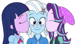 Size: 2976x1741 | Tagged: safe, artist:eagc7, starlight glimmer, trixie, twilight sparkle, human, equestria girls, g4, beanie, blushing, cheek kiss, clothes, commission, eyes closed, female, hat, kiss sandwich, kissing, lesbian, polyamory, ship:startrix, ship:twixie, shipping, simple background, smiling, transparent background, trio, twixstar