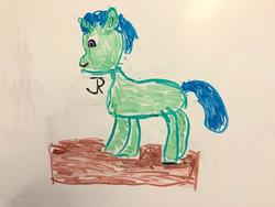 Size: 2048x1536 | Tagged: safe, artist:joeydr, oc, oc only, oc:green byte, pony, unicorn, dry erase board, male, signature, simple background, solo, stallion, traditional art, white background