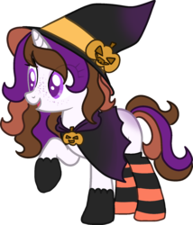 Size: 1350x1580 | Tagged: safe, artist:elizadoesadopts, oc, oc only, oc:mystic brew, pony, unicorn, blank flank, cloak, clothes, female, freckles, gloves, hat, mare, multicolored hair, open mouth, pumpkin, raised hoof, robe, simple background, socks, solo, striped socks, transparent background, witch, witch costume, witch hat