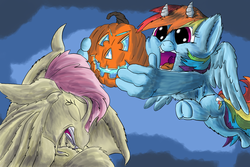 Size: 2100x1400 | Tagged: safe, artist:firefanatic, fluttershy, rainbow dash, bat pony, anthro, g4, bat ponified, crying, cute, distressed, excited, fire, flutterbat, halloween, hand, happy, holding, holiday, jack-o-lantern, pumpkin, race swap