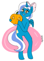 Size: 852x1161 | Tagged: safe, artist:sourpup, oc, oc:fleurbelle, alicorn, semi-anthro, alicorn oc, arm hooves, bow, female, hair bow, halloween, holding, holiday, mare, pumpkin, solo, wingding eyes, yellow eyes