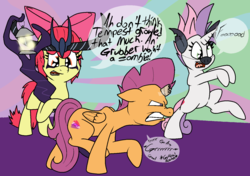 Size: 1424x1000 | Tagged: safe, artist:bennimarru, apple bloom, scootaloo, sweetie belle, earth pony, pony, g4, bipedal, clothes, colored, costume, cutie mark crusaders, flat colors, halloween, halloween costume, holiday, implied grubber, implied storm king, implied tempest shadow, nightmare night, open mouth, simple background, speech bubble