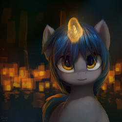 Size: 1080x1080 | Tagged: safe, artist:quvr, oc, oc only, oc:homage, pony, unicorn, fallout equestria, female, glowing horn, horn, lantern, looking at you, magic, mare, reflection, solo