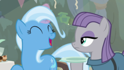 Size: 1920x1080 | Tagged: safe, screencap, maud pie, trixie, earth pony, pony, unicorn, g4, student counsel, ^^, duo, duo female, eyes closed, female, happy, mare, open mouth, smiling