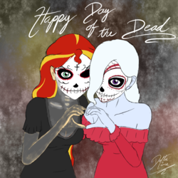 Size: 1000x1000 | Tagged: safe, artist:deltalima, sunset shimmer, trixie, human, g4, breasts, cleavage, clothes, costume, dia de los muertos, halloween, heart hands, holiday, humanized, one eye closed, shoulderless