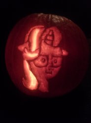 Size: 1560x2104 | Tagged: safe, artist:lowponview, starlight glimmer, g4, :i, halloween, holiday, i mean i see, irl, jack-o-lantern, photo, pumpkin