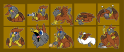 Size: 2909x1225 | Tagged: safe, artist:stupidshepherd, oc, oc only, oc:peregrine, griffon, :p, aiming, angry, annoyed, behaving like a bird, behaving like a cat, birb, blushing, blushing profusely, catbird, derp, disembodied hand, drool, embarrassed, gold, griffon oc, gun, hand, handgun, holding, in goliath's palm, leonine tail, majestic as fuck, male, micro, open beak, pose, revolver, rock, shocked expression, sleeping, solo, sticker set, surprised, tail in mouth, talons, telegram sticker, tongue out, weapon