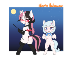 Size: 5000x4500 | Tagged: safe, artist:potzm, oc, oc only, oc:bluebook, oc:eawy, earth pony, pony, unicorn, semi-anthro, bipedal, butt, clothes, costume, cute, female, glasses, halloween, halloween costume, heart, heart eyes, holiday, looking at you, plot, wingding eyes