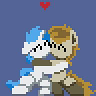 Size: 192x192 | Tagged: safe, artist:bitassembly, part of a set, oc, oc only, oc:logic puzzle, oc:supersaw, earth pony, pony, unicorn, animated, duo, gay, heart, hug, male, oc x oc, pixel art, shipping, ych result