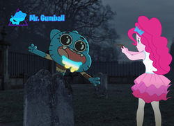 Size: 2050x1496 | Tagged: safe, artist:limedazzle, edit, editor:mr. gumball, pinkie pie, equestria girls, g4, crossover, gumball watterson, gun, joy virus, the amazing world of gumball, weapon