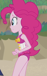 Size: 670x1078 | Tagged: safe, screencap, pinkie pie, sci-twi, twilight sparkle, equestria girls, equestria girls series, g4, x marks the spot, beach, beach babe, clothes, cropped, cute, diapinkes, female, geode of sugar bombs, legs, magical geodes, offscreen character, pinkie pie swimsuit, sleeveless, solo focus, swimsuit