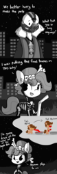 Size: 1080x3240 | Tagged: safe, artist:tjpones, oc, oc only, oc:brownie bun, oc:richard, horse wife, apple, apple bobbing, bane, bendy straw, clothes, comic, costume, cute, drinking straw, food, halloween, halloween costume, holiday, monochrome, neo noir, ocbetes, partial color, skeleton costume, thought bubble