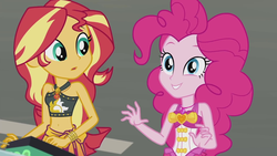 Size: 1920x1080 | Tagged: safe, screencap, pinkie pie, sunset shimmer, equestria girls, g4, my little pony equestria girls: better together, x marks the spot, belly button, bikini, bracelet, clothes, cute, diapinkes, duo, duo female, female, geode of empathy, geode of sugar bombs, jewelry, magical geodes, midriff, sarong, shimmerbetes, sleeveless, smiling, swimsuit