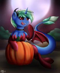 Size: 2000x2400 | Tagged: safe, artist:novaspark, oc, oc only, oc:nova spark, monster pony, original species, succubus, tatzlpony, black sclera, choker, clothes, costume, fangs, floating wings, halloween, high res, holiday, looking at you, moon, pumpkin, red eyes, socks, solo, wings