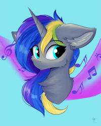 Size: 960x1200 | Tagged: safe, artist:lunar froxy, oc, oc only, pony, unicorn, abstract background, bust, cheek fluff, chest fluff, ear fluff, female, fluffy, music notes, solo