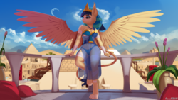 Size: 5760x3240 | Tagged: safe, alternate version, artist:discordthege, oc, oc only, oc:shesta, sphinx, anthro, digitigrade anthro, ankh, anthro oc, beautiful, beautisexy, bra, breasts, cleavage, clothes, egypt, egyptian, eyeshadow, female, flower, jewelry, makeup, moon, necklace, nemes headdress, panties, pyramid, see-through, sexy, signature, sky, solo, sphinx oc, traditional outfit, underwear
