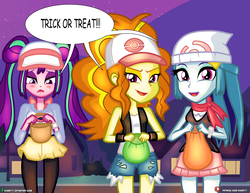 Size: 4000x3090 | Tagged: safe, artist:dieart77, adagio dazzle, aria blaze, sonata dusk, equestria girls, g4, clothes, clothes swap, costume, dialogue, digital art, female, halloween, halloween costume, holiday, pokémon, smiling, the dazzlings, trick or treat