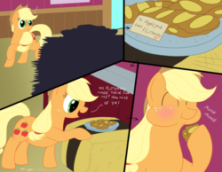 Size: 2700x2100 | Tagged: safe, artist:necrofeline, applejack, earth pony, pony, series:flutters's fritters, g4, comic, dialogue, eating, food, fritter, hat, high res, implied fluttershy, sequence, this will end in balloons