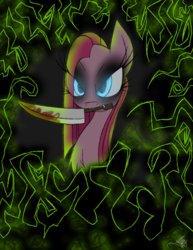 Size: 888x1150 | Tagged: safe, artist:didun850, pinkie pie, earth pony, pony, g4, abstract background, blood, bust, eyelashes, eyeliner, eyeshadow, female, knife, makeup, mare, mouth hold, pinkamena diane pie, solo