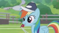 Size: 1920x1080 | Tagged: safe, screencap, rainbow dash, pony, 2 4 6 greaaat, g4, animated, blowing whistle, coach rainbow dash, female, floating object, hat, mare, mouth hold, rainblow dash, rainbow dashs coaching whistle, solo, that pony sure does love whistles, whistle, whistle necklace