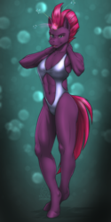 Size: 1900x3800 | Tagged: safe, artist:mykegreywolf, fizzlepop berrytwist, tempest shadow, unicorn, anthro, unguligrade anthro, g4, abs, armpits, belly button, biceps, breasts, broken horn, clothes, delicious flat chest, female, glowing horn, hamstrings, high res, high-cut clothing, horn, legs, looking at you, mare, midriff, muscles, muscular female, navel cutout, one-piece swimsuit, pretty pretty tempest, quadriceps, smiling, solo, stupid sexy tempest shadow, swimsuit, temple shadow, thighs