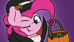Size: 3840x2160 | Tagged: safe, artist:ljdamz1119, pinkie pie, earth pony, pony, g4, clothes, costume, female, halloween, hat, high res, holiday, mane hold, one eye closed, prehensile mane, solo, wink
