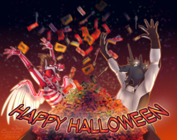 Size: 1261x1000 | Tagged: safe, artist:sunny way, oc, oc:steven saidon, oc:sunny way, pegasus, unicorn, anthro, armpits, astronaut, bone, candies, candy, clothes, costume, food, halloween, halloween costume, hands up, happy, holiday, horn, open mouth, skeleton, wings