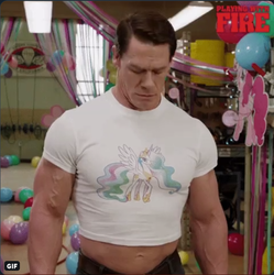 Size: 567x569 | Tagged: safe, pinkie pie, princess celestia, human, g4, balloon, clothes, irl, irl human, john cena, male, photo, playing with fire, shirt, torn clothes