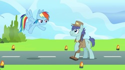 Size: 1920x1080 | Tagged: safe, screencap, deep clean, rainbow dash, earth pony, pegasus, pony, g4, the last problem, broom, duo, female, flying, janitor, male, mare, stallion, wonderbolts headquarters