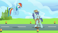 Size: 1920x1080 | Tagged: safe, screencap, deep clean, rainbow dash, earth pony, pegasus, pony, g4, the last problem, broom, duo, female, flying, janitor, male, mare, stallion, wonderbolts headquarters