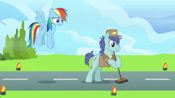 Size: 1920x1080 | Tagged: safe, screencap, deep clean, rainbow dash, earth pony, pegasus, pony, g4, the last problem, bipedal, broom, female, flying, janitor, male, mare, stallion, wonderbolts headquarters