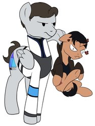 Size: 1948x2596 | Tagged: safe, artist:wolftendragon, artist:wolftenpr0nz, pegasus, pony, unicorn, clothes, crossover, detroit: become human, duo, fangs, gavin reed, jacket, male, nines, ponified, rk900, simple background, stallion, video game, white background, wing hold