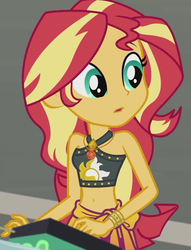 Size: 825x1080 | Tagged: safe, screencap, sunset shimmer, equestria girls, g4, my little pony equestria girls: better together, x marks the spot, belly button, bikini, bracelet, clothes, cropped, cute, female, geode of empathy, jewelry, magical geodes, midriff, sarong, shimmerbetes, sleeveless, solo, sunset shimmer's beach shorts swimsuit, swimsuit
