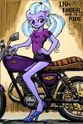 Size: 678x1009 | Tagged: safe, artist:dadss_rootbeer, sugarcoat, equestria girls, g4, clothes, female, looking at you, motorcycle, shirt, shorts, smiling, solo, t-shirt